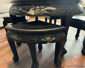 Chinese Black Lacquer Chinoiserie Coffee Table with Nesting Stools
