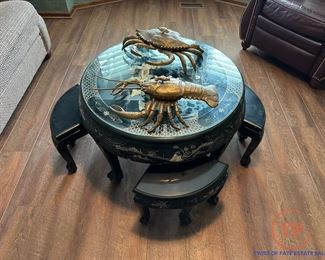 Chinese Black Lacquer Chinoiserie Coffee Table with Nesting Stools