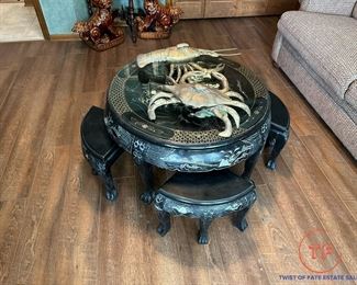 Chinese Black Lacquer Chinoiserie Coffee Table with Nesting Stools