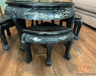 Chinese Black Lacquer Chinoiserie Coffee Table with Nesting Stools