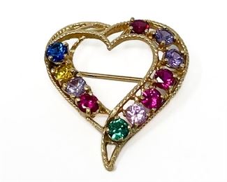 14kt Gold Heart-Shaped Brooch with Multi-color semi-precious stones