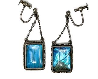 Antique Sterling Silver and Blue Morpho Butterfly Wing Earrings