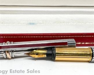Must de Cartier Ribbed Sterling Silver and 18kt Gold Fountain Pen in Cartier Box