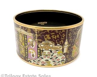 Hermes Extra Wide Printed Enamel Gold Plated Bangle Bracelet