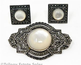 Vintage 1970s Judith Jack Sterling Silver and Marcasite Earrings and Brooch