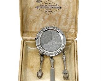 Antique Sterling Silver Dinner Plate with Flatware Brooch