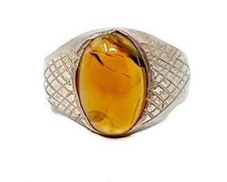 Sterling Silver Size 7 Ring with Amber Cabochon