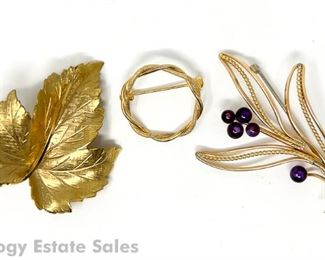 Three Gold-Tone Costume Jewelry Brooches Krementz Wells