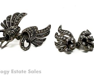 Two Pairs Vintage 835 Silver and Marcasite Clip-On Earrings