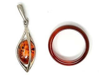 Carnelian size 7.5 Ring & Amber Sterling Silver Pendant