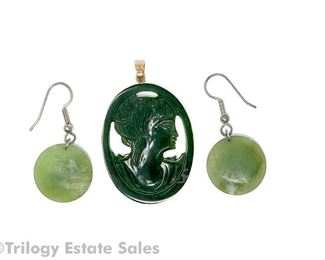 Carved Jade Profile Portrait Pendant Mounted in 14kt Gold and Green Stone Dangle Earrings