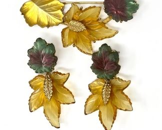 MFA Frosted and Carved Glass Leaves Brooch and Earrings Set