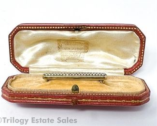 Antique 14kt Gold and Seed Pearl Bar Pin in Cartier Box