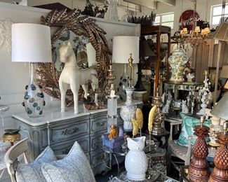 Large Painted Triple Dresser with Carrara Marble Top, Pair Painted Country French Armchairs, Pair Murano Lobular Lamps, and more.