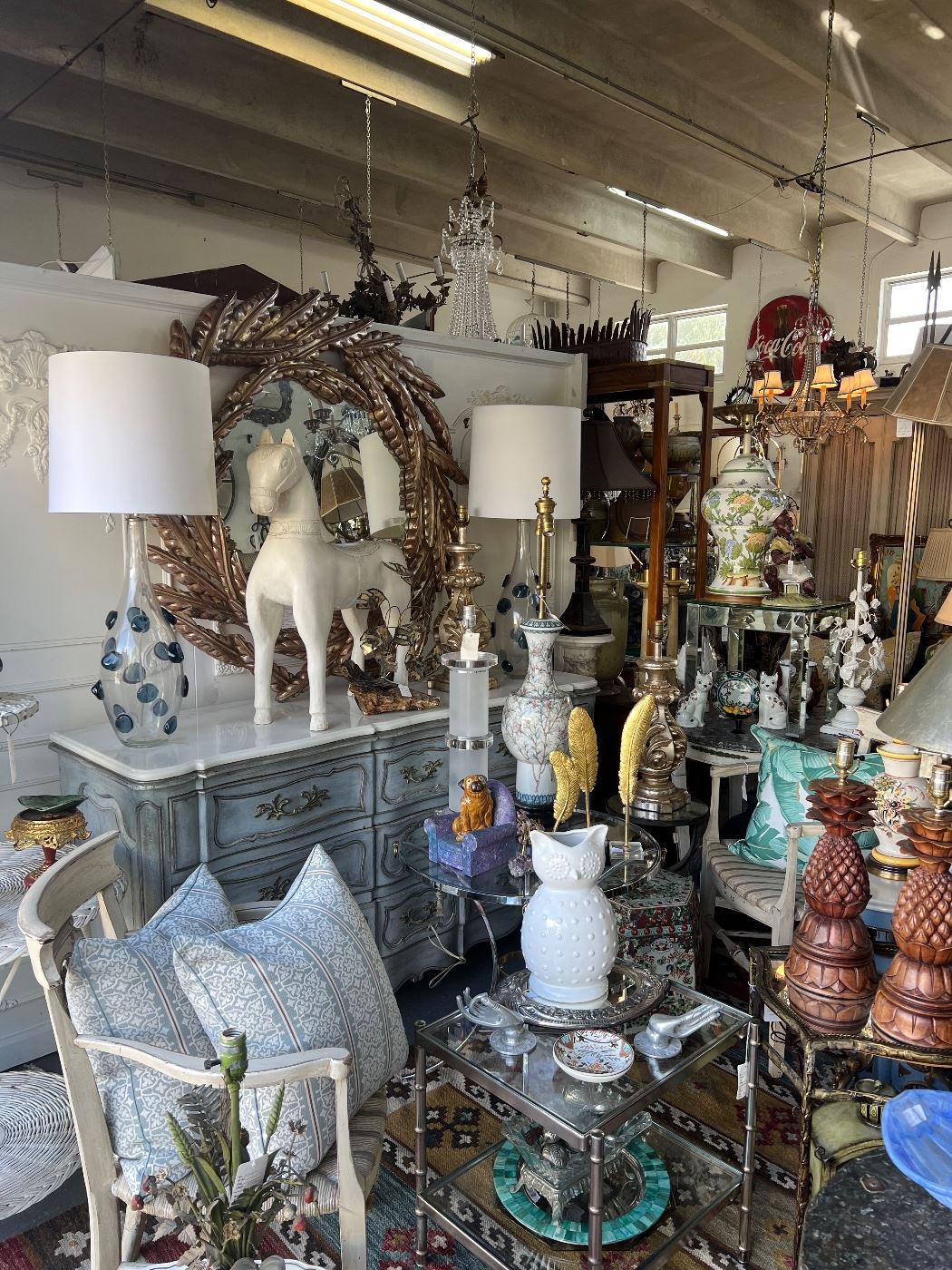 Large Painted Triple Dresser with Carrara Marble Top, Pair Painted Country French Armchairs, Pair Murano Lobular Lamps, and more.