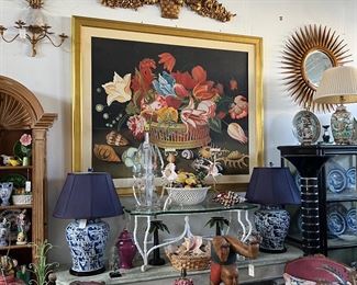 Large Flemish Style Painting, Pair of Blue and White Pottery Lamps, and more