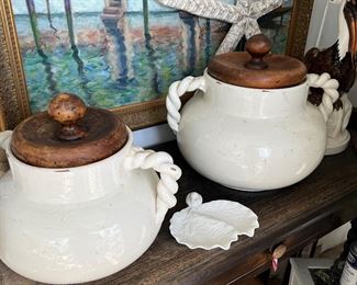 Pair of Oversized Pottery Jars with Rope-twist handles and wooden lids.