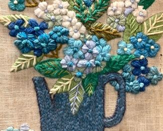 Framed Crewel Floral Textile Art
