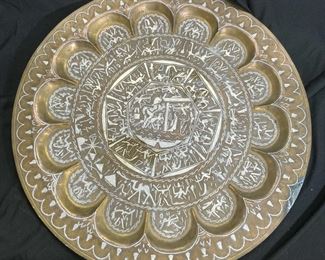 XL Vintage Egyptian Brass Relief Tray
