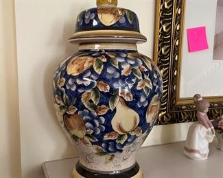 Tuscan style covered jar with pears