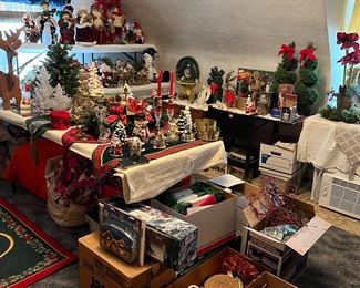It's Christmas in July! So much Christmas decor, ornaments, figurines, trees, Santas, snowmen, candlesticks, music boxes, novelty, nativity and more.