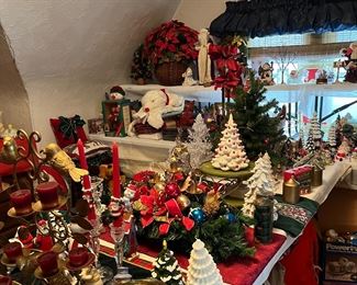 It's Christmas in July! So much Christmas decor, ornaments, figurines, trees, Santas, snowmen, candlesticks, music boxes, novelty, nativity and more.
