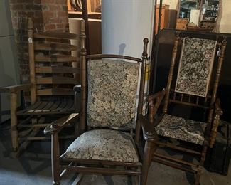Vintage rocking chairs, tables, and assorted vintage cases