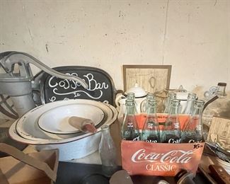 Antique Coke bottles, rolling pins, wash basins, kettles, pictures, kitchen scale, tools, silverware, and much, much more!