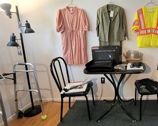 3 Piece table Chair Set, Projector, Lamp, Walker, Clothing, carpet and misc