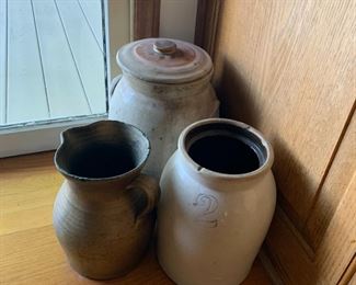 The two crocks have sold. Pitcher is still available.