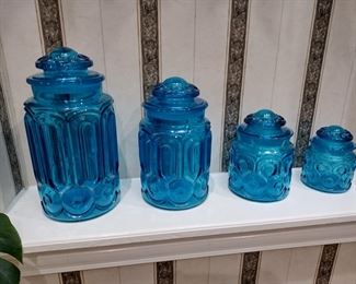 MCM L.E. Smith Blue Moon & Stars Glass Kitchen Canister Jars - Set of 4