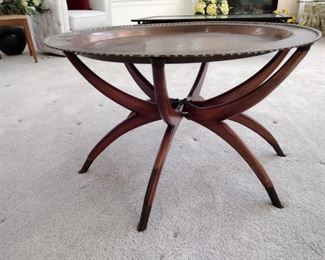 MCM Brass Tray on Wood Spider Legs Coffee Table