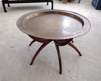 MCM Brass Tray on Wood Spider Legs Coffee Table