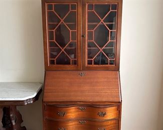 Mahogany secretary desk bookcase serpentine front 