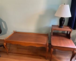 French Provincial maple coffee table and pair of step tables