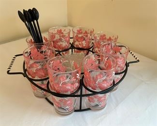 Vintage Wire Drink Cady Pink  Dogwood/Cherry Blossom Tumblers and Coasters 