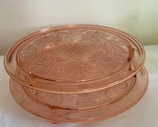 Jeanette Pink Depression Glass Sunflower Trifooted Cakeplate 