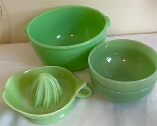 Jadeite rimmed mixing bowl, Jadeite Fire King Chili bowls, Vintage Jadeite Orange Lemon Reamer, 