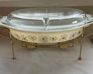Vintage Pyrex Divided Casserole Dish Lid & Warmer Cradle Dandelion Duet 1 1/2 Quart