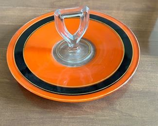 Art Deco Handled Serving Tray Glass Orange Black Fired Enamel