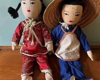 Vintage Chinese Handmade Cloth Dolls with Silk Clothing 