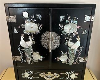 Vintage Handmade Mother Of Pearl  Lacquer Black Wood Jewelry Box