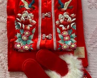 Vintage 1950's Japan Embroidered Silk Satin Pajama Set 