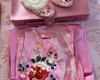 Vintage 1950's Japan Embroidered Silk Satin Pajama Set in Matching Carry Case with robe and slippers