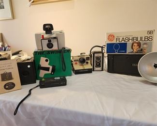Brownie Thamer, anaconda camera, polaroid The Swinger model 20 camera,  polaroid Land Camera, Kodak Duaflex 2 camera, kodak A-130