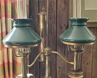 Library brass lamp with dual green opaline shades