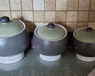 Vintage MCM Pfaltzgraff Canister Set Sphere Green Gray White 3 Piece