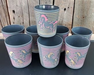 Set of 8 Vintage Midcentury Modern Frosted Black Old Fashion Glasses. Gold and Red Enameled Horses. Bar Decor.