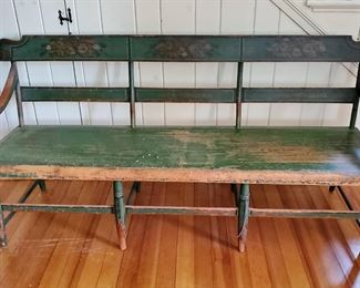 Long green hand stenciled Railroad, Hall, Deacon or Porch Bench