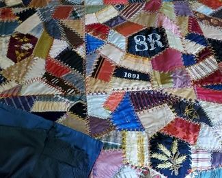 Antique Block Crazy Quilt made by Sarah Harpel (Lebanon, PA) signed SR 1891